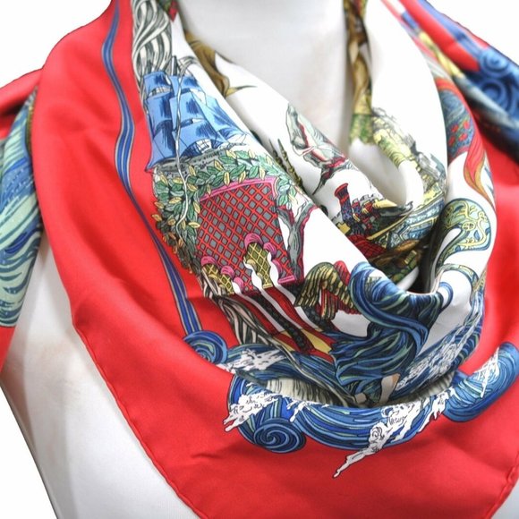 Authentic HERMES Carre 90 Scarf "Au FIL de la SOIE" Silk Red - Picture 2 of 12